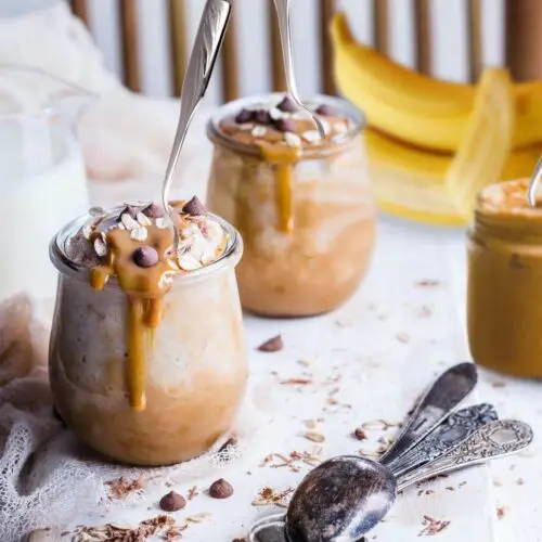 Two almond butter smoothies with toppings created by this healthy smoothie recipe.