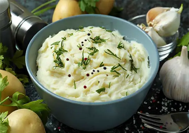 Bowl of delicious homemade mashed potatoes.