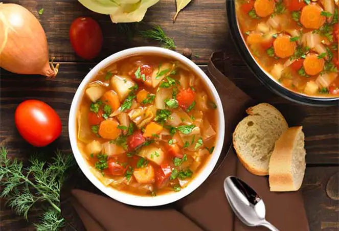 Top view of loaded homemade vegetable soup.