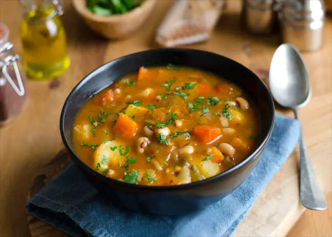 Bowl of thick delicious vegetable soup. 