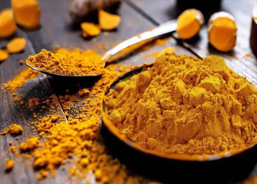 Heaping bowl and spoonful of turmeric powder and root.  