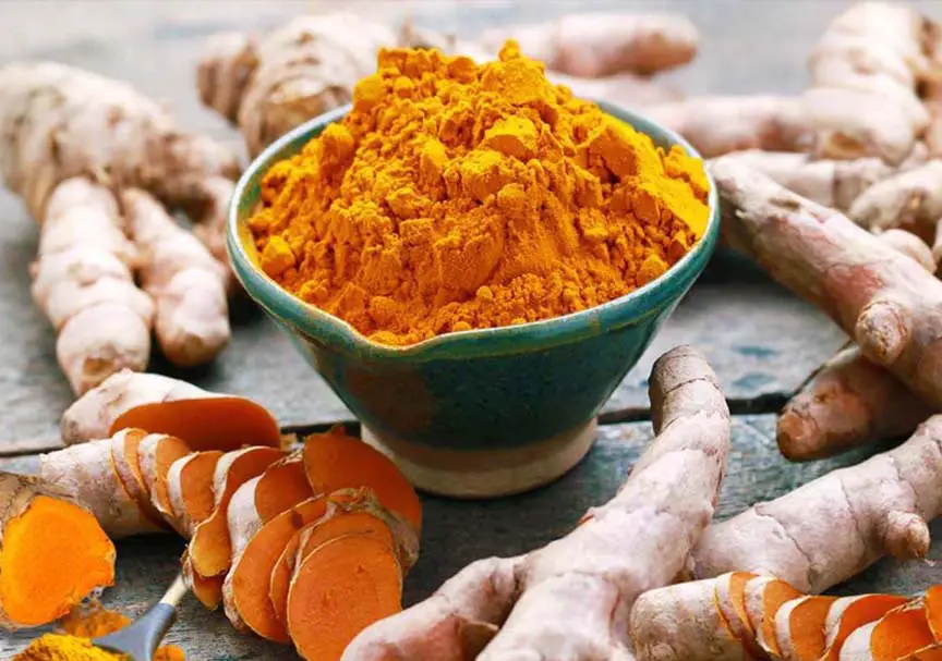 Heaping bowl of turmeric powder surrounded by turmeric roots and slices.