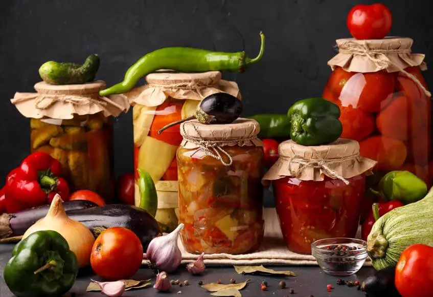 Jars of colorful fermented foods and veggies. 