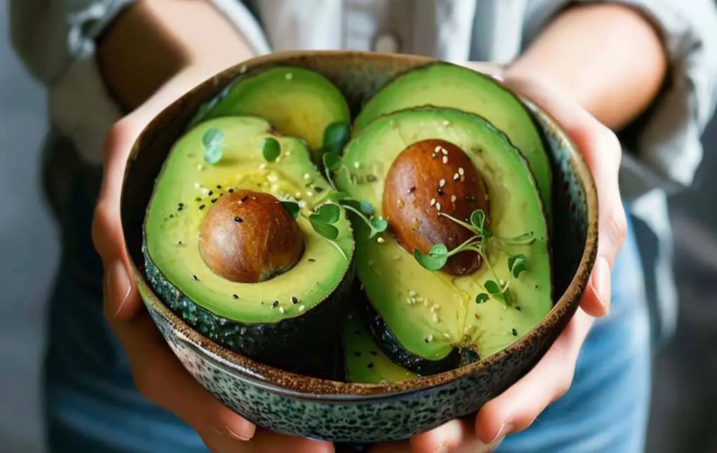 Close-up of a girl's hands cupping a bowl of succulent sliced avocado garnished with organic sprouts.