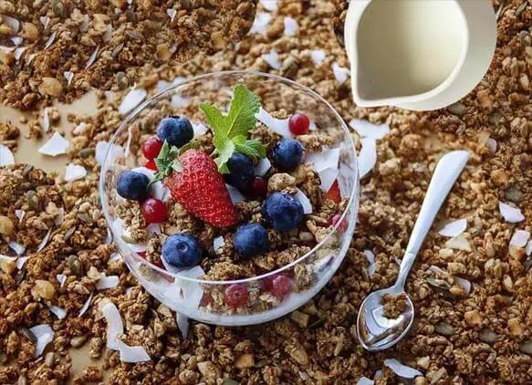 Bowl of homemade granola with fresh fruit. 