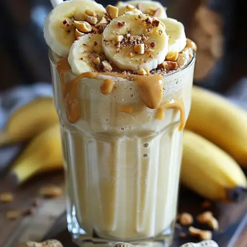 Scrumptiously rich peanut butter banana smoothie stacked with fresh organic bananas slices and chopped nuts.