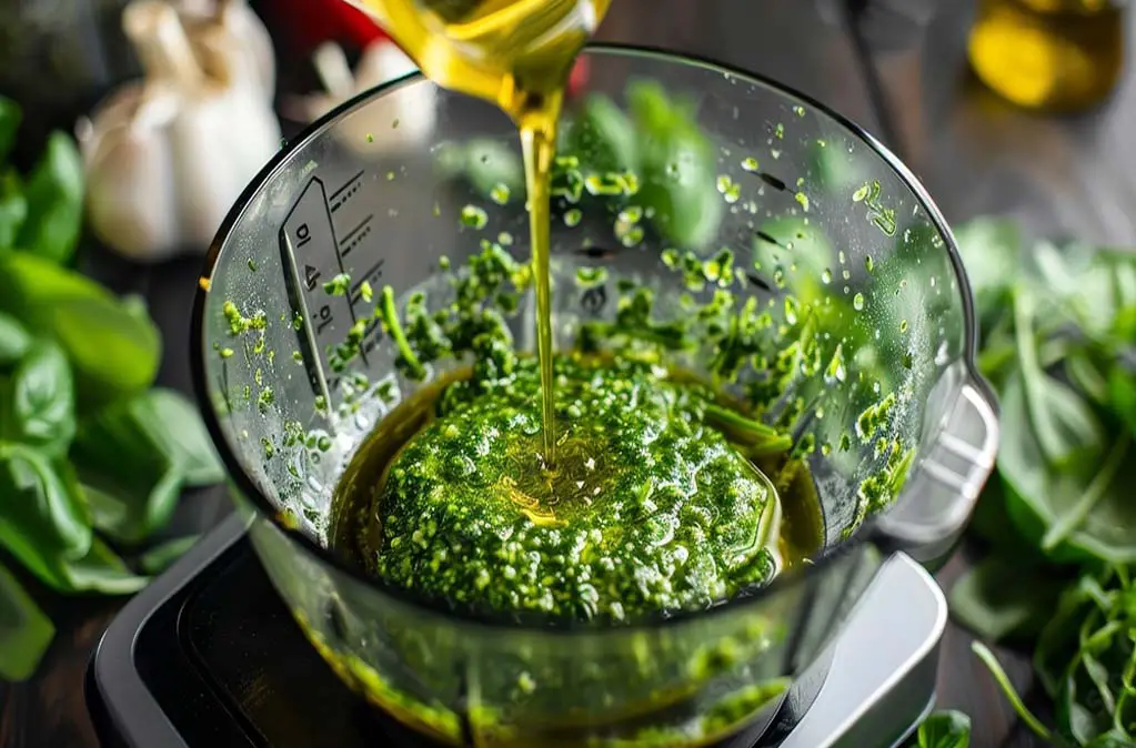 Macro shot of pouring olive oil onto fresh organic pesto ingredients in a food processor. 