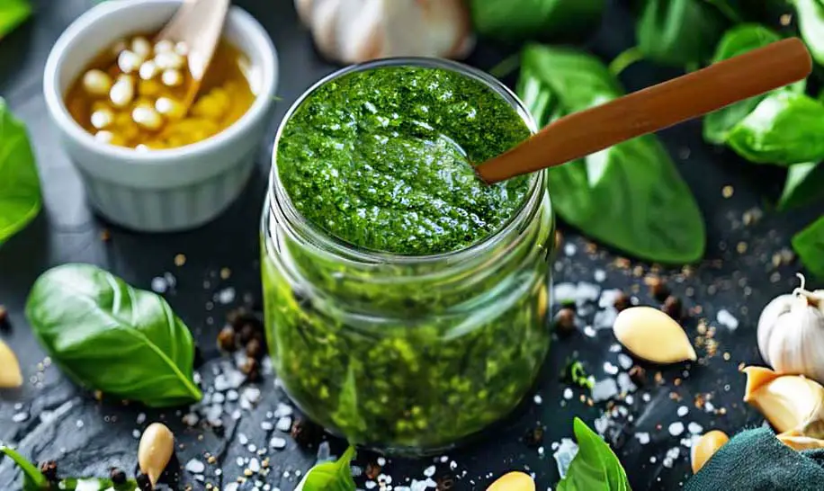 Scrumptious top view of organic vegan pesto in a mason jar by fresh basil leaves, olive oil, garlic cloves, and delectable herbs.