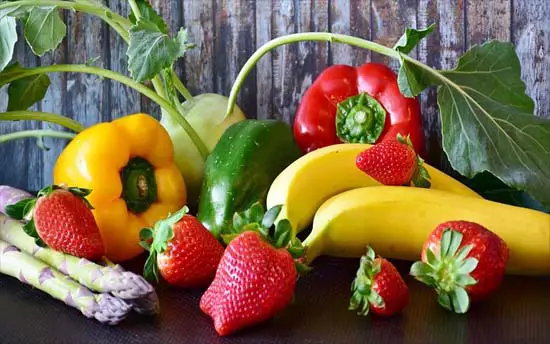 Healthy fruits and vegetables displaying veganism. 