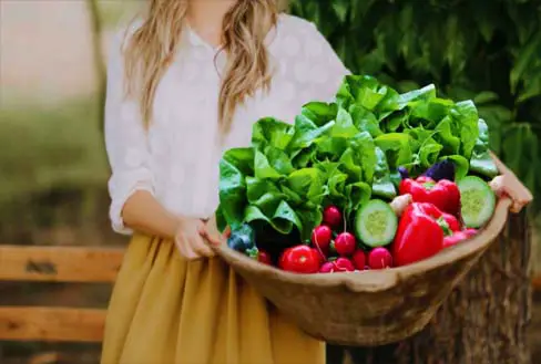 Woman with basket of garden vegetables displays veganism and a plant based diet.