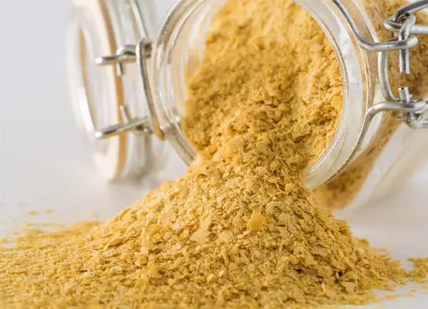 Close-up of nutritional yeast flakes spilling out of a large mason jar. 