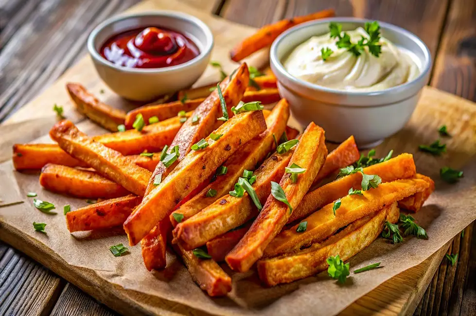 Large serving of delicious homemade sweet potato fries with vegan Ranch dip, ketchup, and fresh organic herbs.