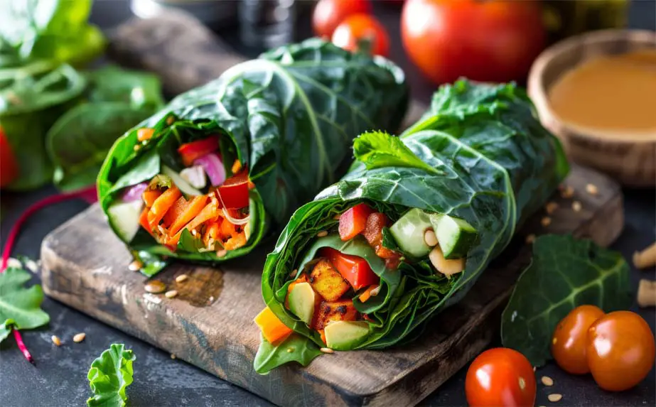 Delicious vegan lettuce wraps on a board packed with veggies, tofu, walnuts, and a delectable peanut sauce.