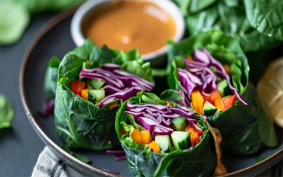 Top view of several tasty lettuce wraps by a creamy peanut sauce and fresh greens. 