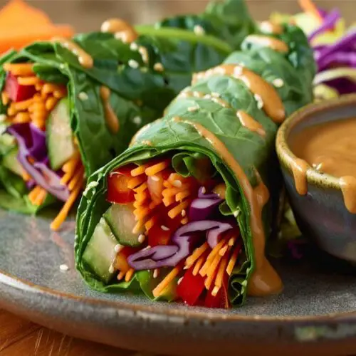 Delicious vegan lettuce wraps packed with tofu, walnuts, veggies, avocado, and a delectable peanut sauce.