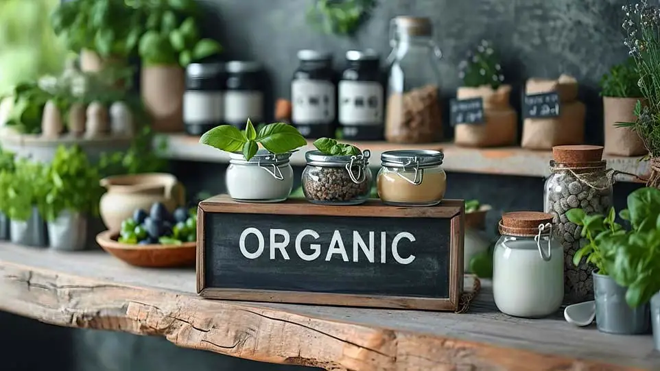 A chalkboard display notes ORGANIC by foods in a natural food store. 