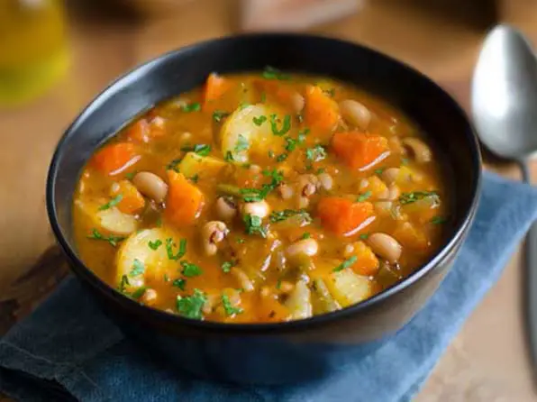 Close-up of delicious vegetable soup bowl. 