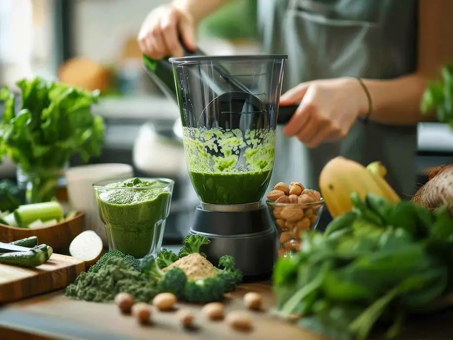 A girl making a delicious vegan green smoothie packed with veggies, nuts, and nutrient-dense foods. 