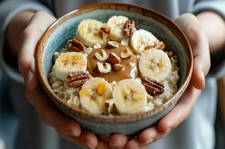 A man's hands cupping a stacked bowl of high-protein quinoa breakfast porridge topped with banana, almond butter, and mixed nuts.