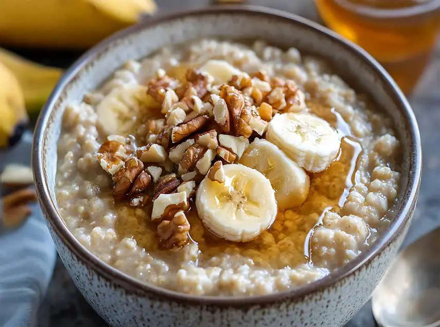 Close on a stacked bowl of delicious quinoa breakfast porridge topped with fresh sliced bananas, walnuts, and organic date syrup.