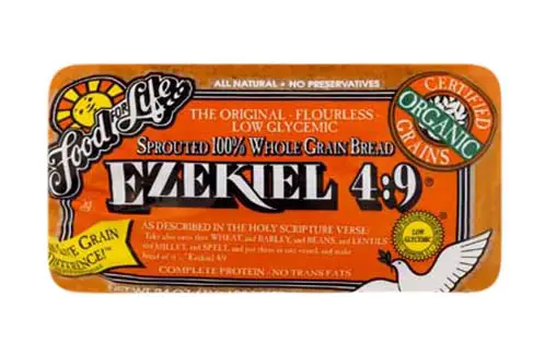 Close-up of an Ezekiel bread loaf.  