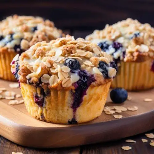 Delicious Himalayan Tartary Buckwheat blueberry muffins on a cutting board topped with cinnamon oat crumble.