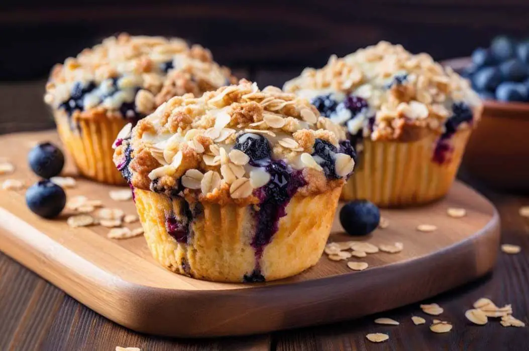 Delicious Himalayan Tartary Buckwheat blueberry muffins on a cutting board topped with cinnamon oat crumble.