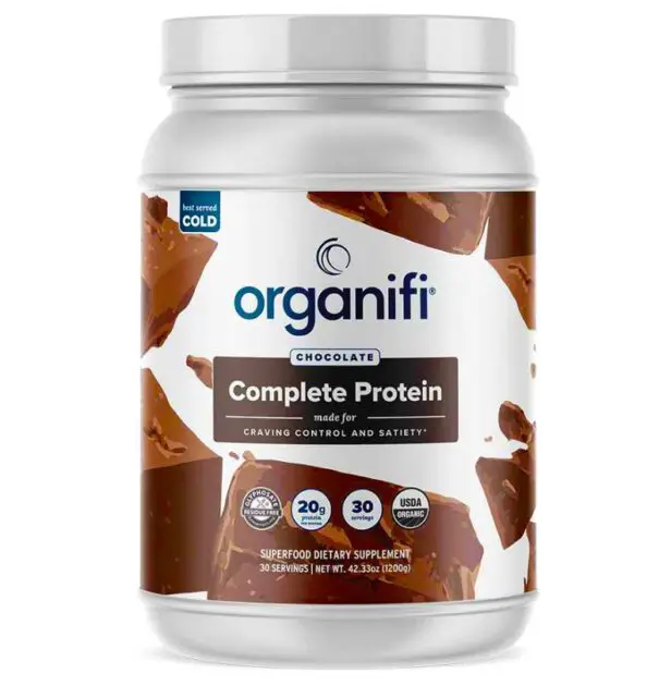 2.71 Lb. container of Organifi complete protein chocolate powder. 