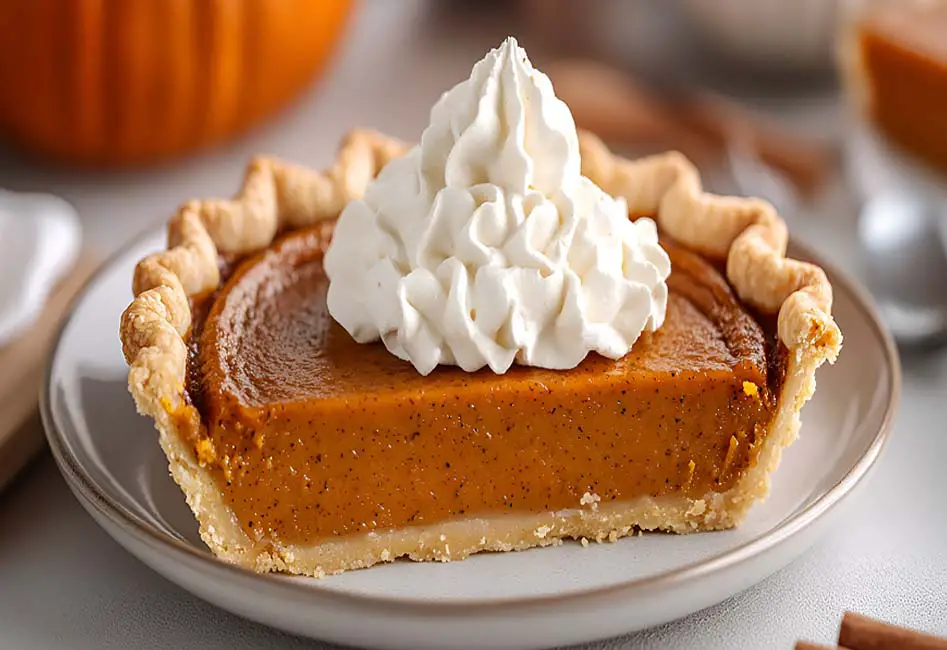 A succulent slice of organic gluten-free vegan pumpkin pie with coconut cream and spice.