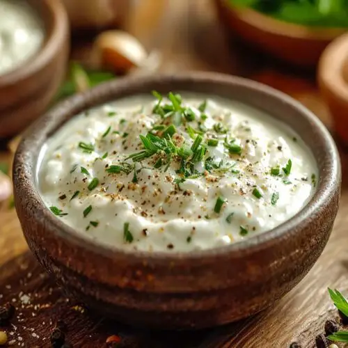 Stacked bowl of creamy rich vegan Ranch dressing topped with fresh organic chives and herbs.