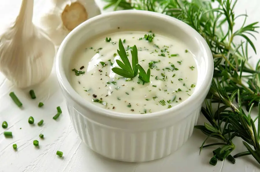 A bowl of creamy rich vegan Ranch dressing topped with herbs and fresh chives.