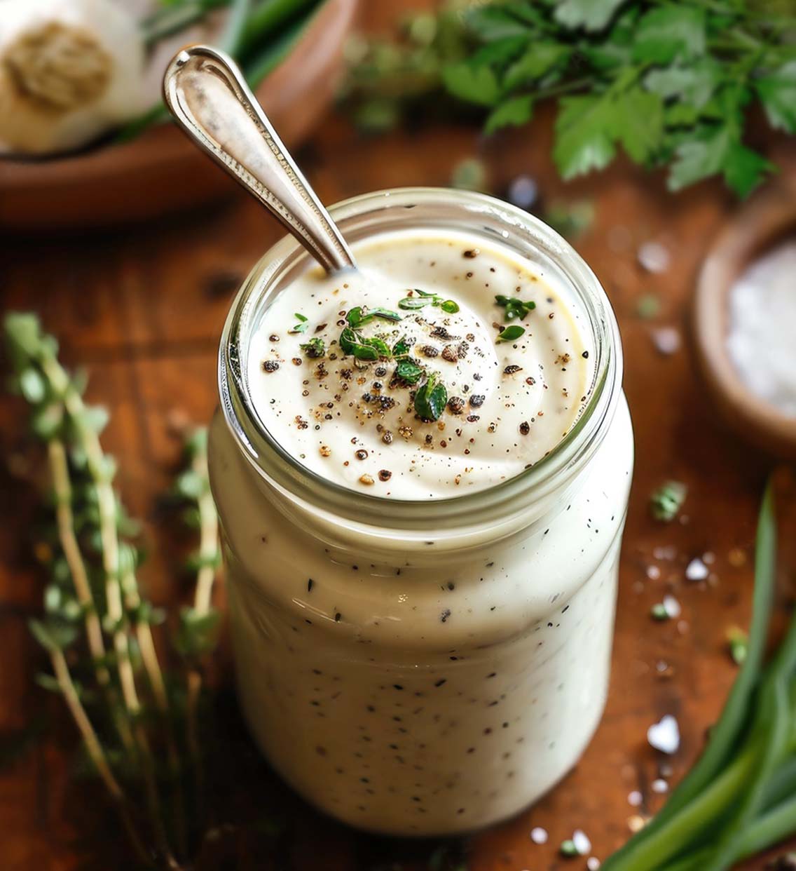 An open mason jar of creamy rich vegan Ranch dressing and herbs. 