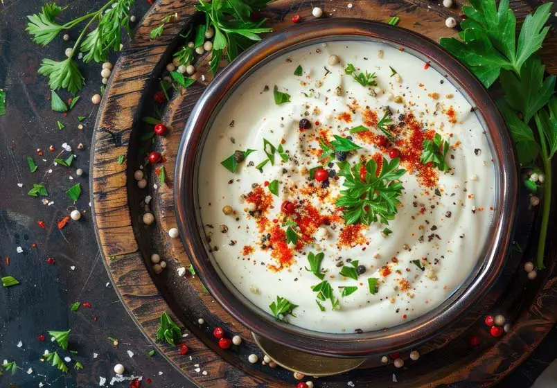 Top view of creamy rich vegan Ranch dressing topped with herbs, parsley, paprika, and peppercorns.  