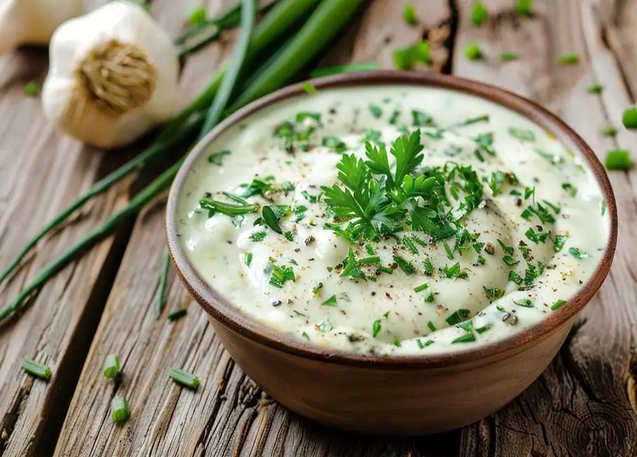 A bowl of creamy rich vegan Ranch dressing topped with herbs, parsley, and fresh organic chives.   