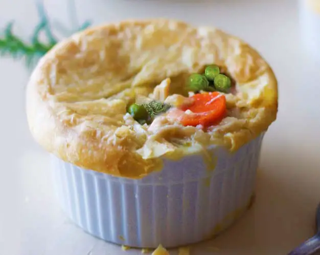 Close-up of single serving vegan chicken pot pie with Himalayan Tartary Buckwheat crust and rich veggie filling.  