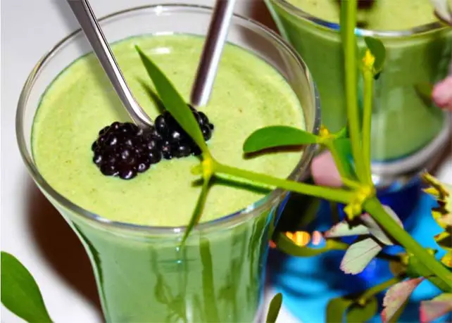 Close-up of rich green smoothies topped with fresh organic blackberries.  