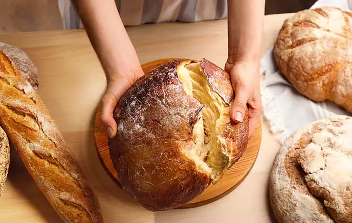 Top view of a girl's hands holding a rich loaf of Himalayan Tartary Buckwheat bread by other homemade HTB baked goods.