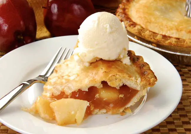 Rich slice of vegan Himalayan Tartary Buckwheat apple pie topped with vegan vanilla ice cream.