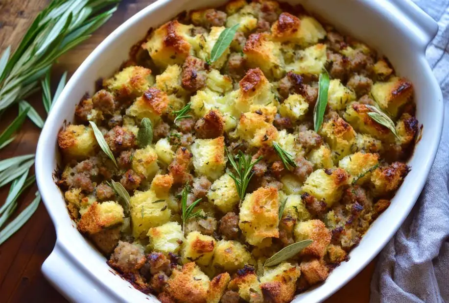 Top view of a delicious bowl of vegan stuffing with buckwheat croutons, plant-based sausage, and savory herbs. 