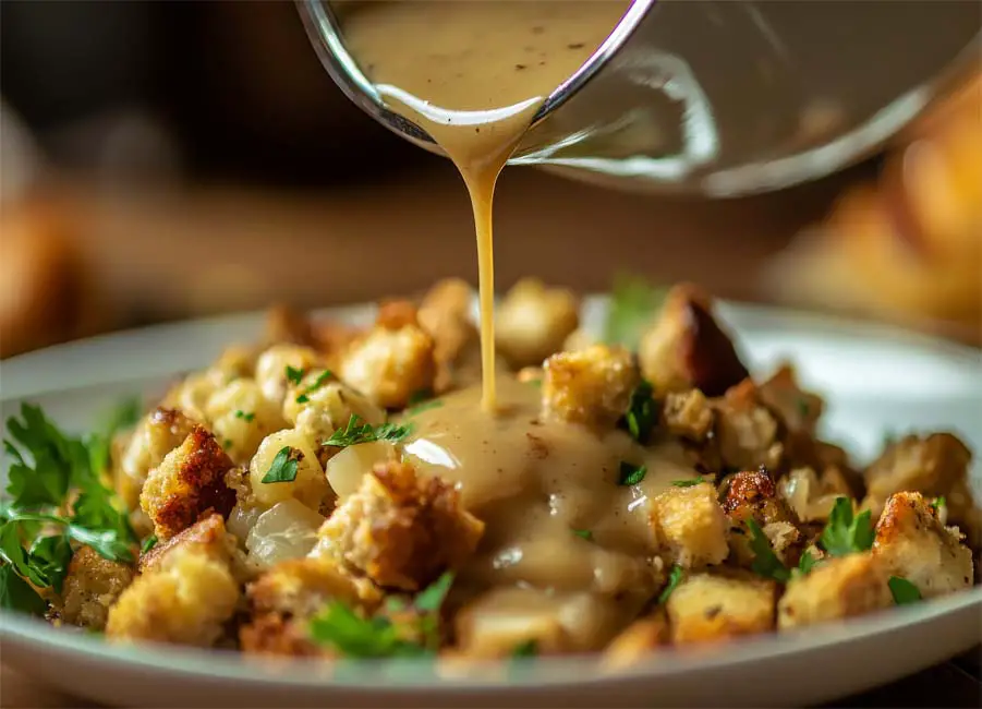 Close-up of gravy pouring over a plate of savory vegan stuffing.