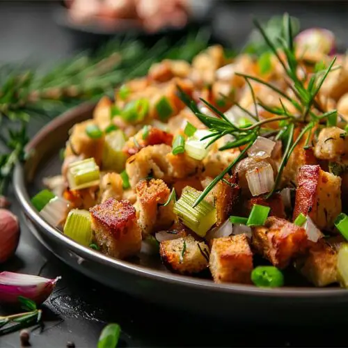 Delicious vegan stuffing with plant-based sausage, veggies, croutons and savory herbs.