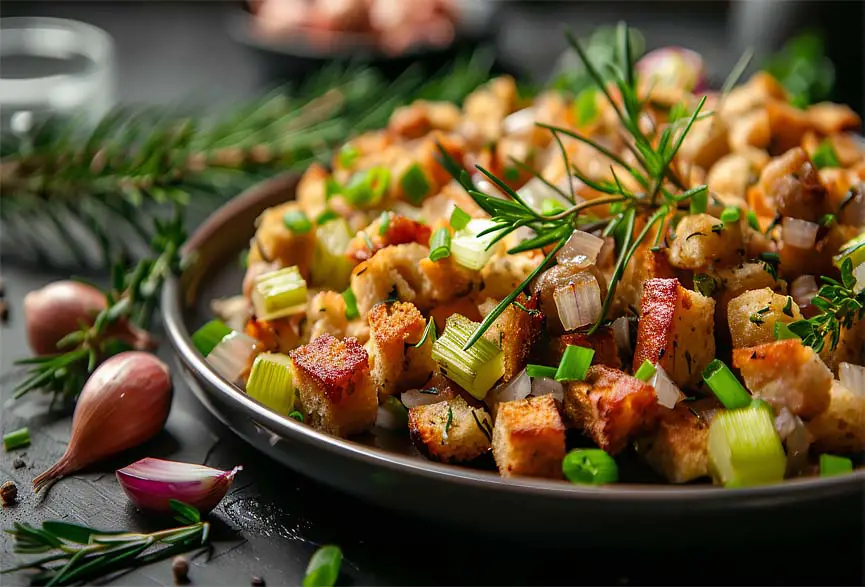 Delicious vegan stuffing with plant-based sausage, veggies, croutons and savory herbs.