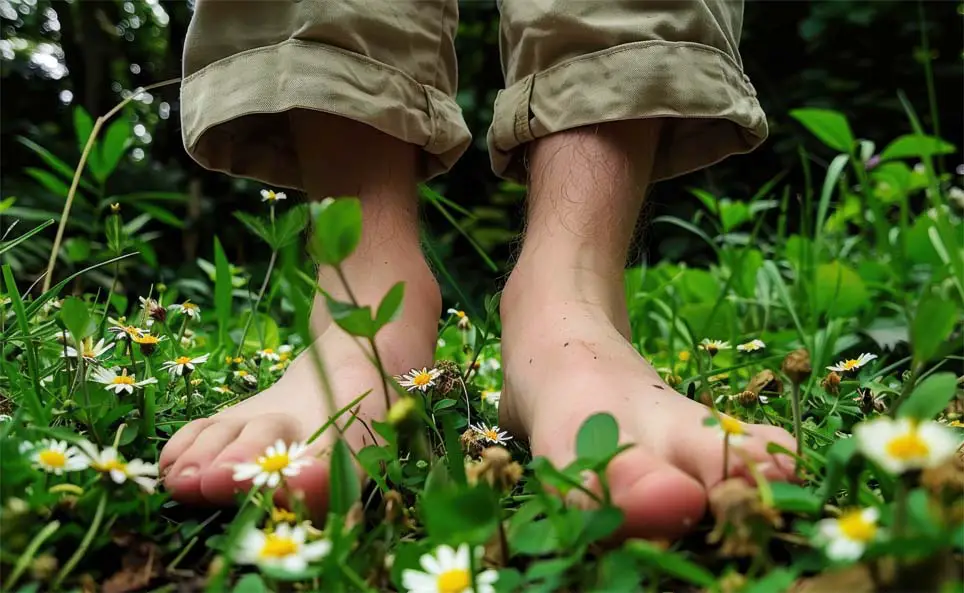 A person's bare feet earthing and grounding on a forest bed among rich green plants and wildflowers.