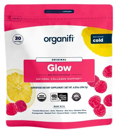 Organifi Glow powder with raspberries, clickable image―30 servings.  