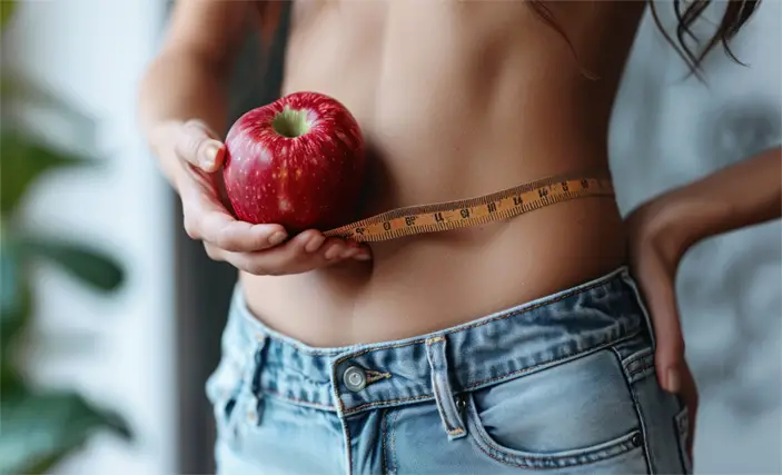 A slender woman holding a measuring tape around her waist with an apple in her hand.