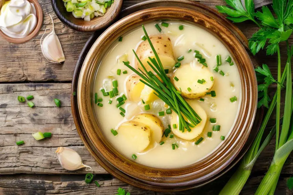 Top view of creamy rich vegan potato leek soup topped with fresh chives on a rustic board.