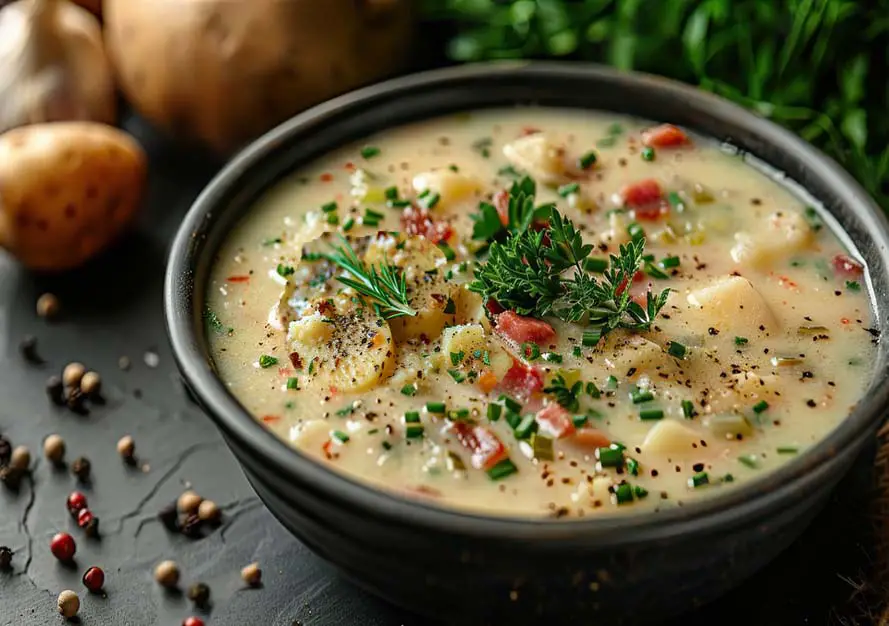 Rich and creamy bowl of chunky vegan potato leek soup with veggies and herbs.