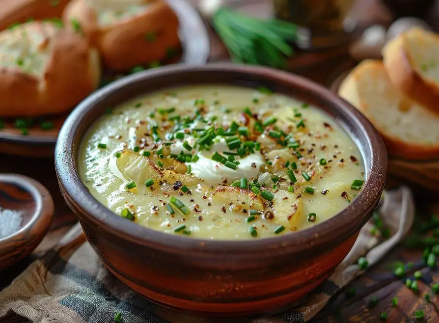 Rich and creamy bowl of vegan potato leek soup topped with sour cream and chives and accompanied by homemade sourdough bread.