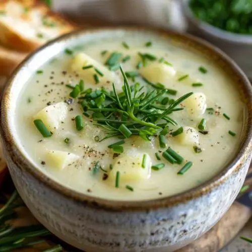 Rich and creamy bowl of chunky vegan potato leek soup with veggies and homemade sourdough bread.