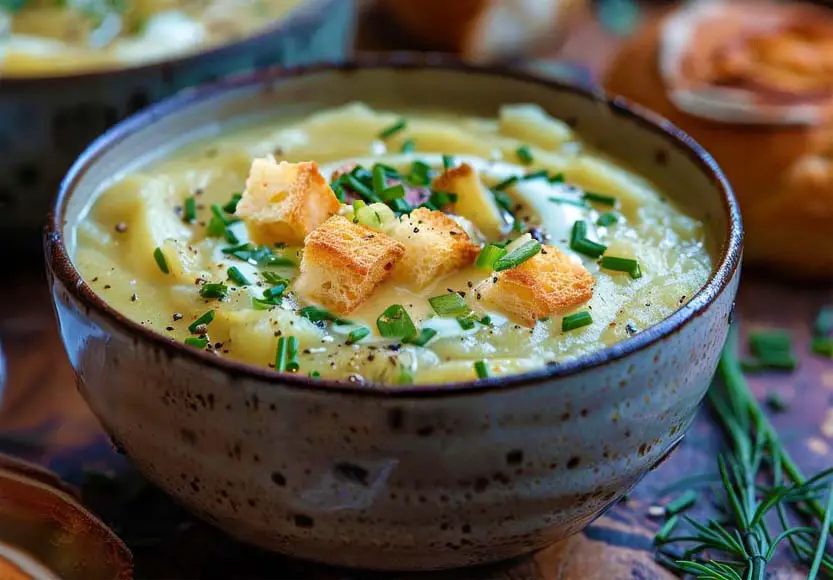 Rich and creamy bowl of vegan potato leek soup topped with sourdough croutons and fresh chives.